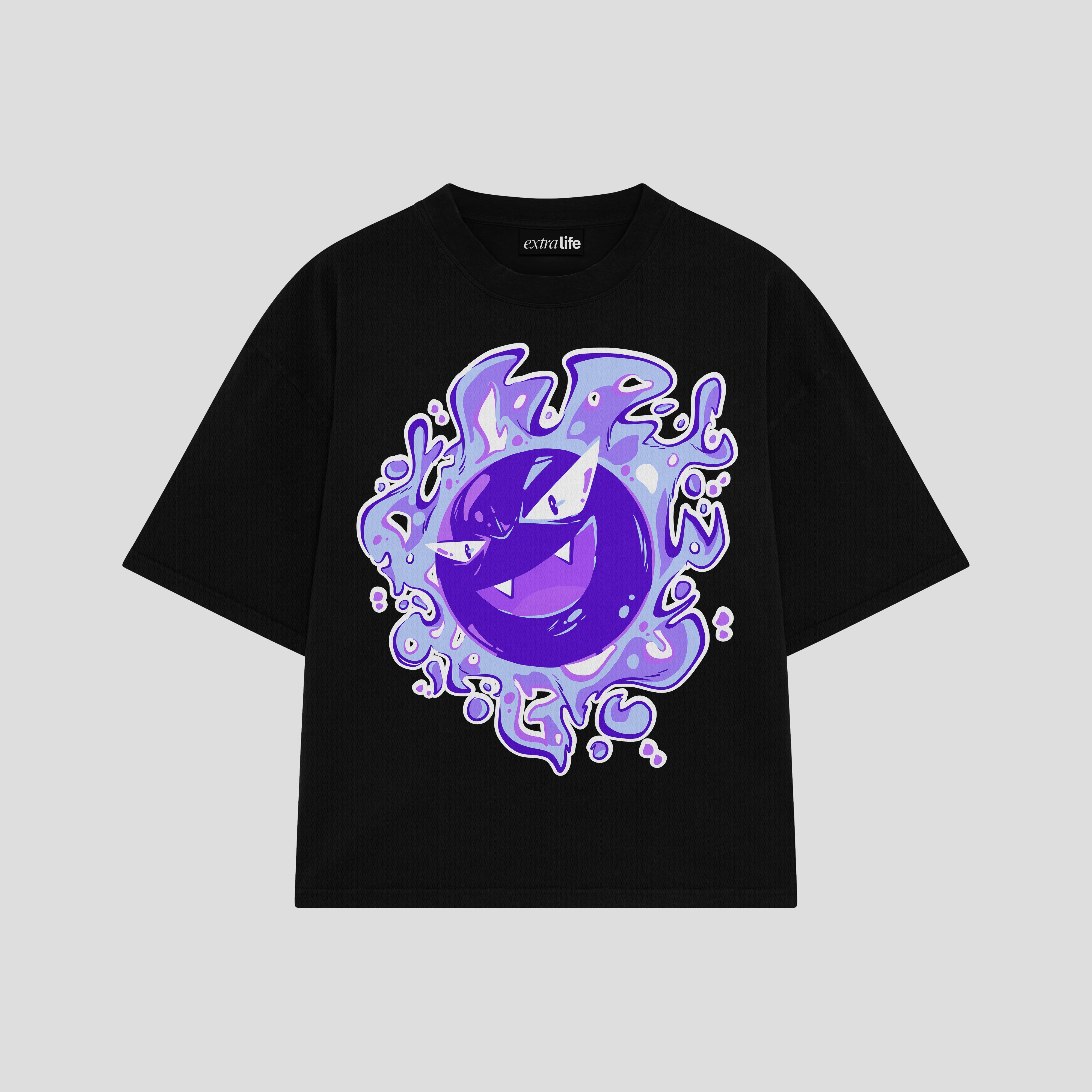 Playera streetwear premium de anime y gaming ExtraLife MX, corte boxy oversized drop shoulder heavyweight en color Deep Black y Off-White, moda urbana mexicana de culto.