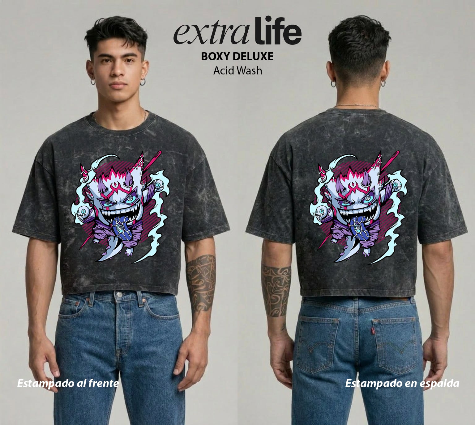 Playera streetwear premium de anime y gaming ExtraLife MX, corte boxy deluxe mineral wash heavyweight en color Acid Wash, moda urbana mexicana de culto.