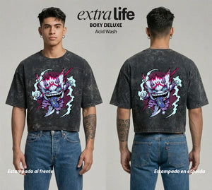 Playera streetwear premium de anime y gaming ExtraLife MX, corte boxy deluxe mineral wash heavyweight en color Acid Wash, moda urbana mexicana de culto.