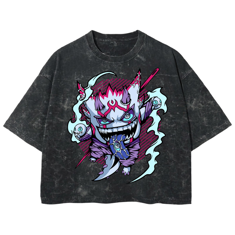 Playera streetwear premium de anime y gaming ExtraLife MX, corte boxy deluxe mineral wash heavyweight en color Acid Wash, moda urbana mexicana de culto.