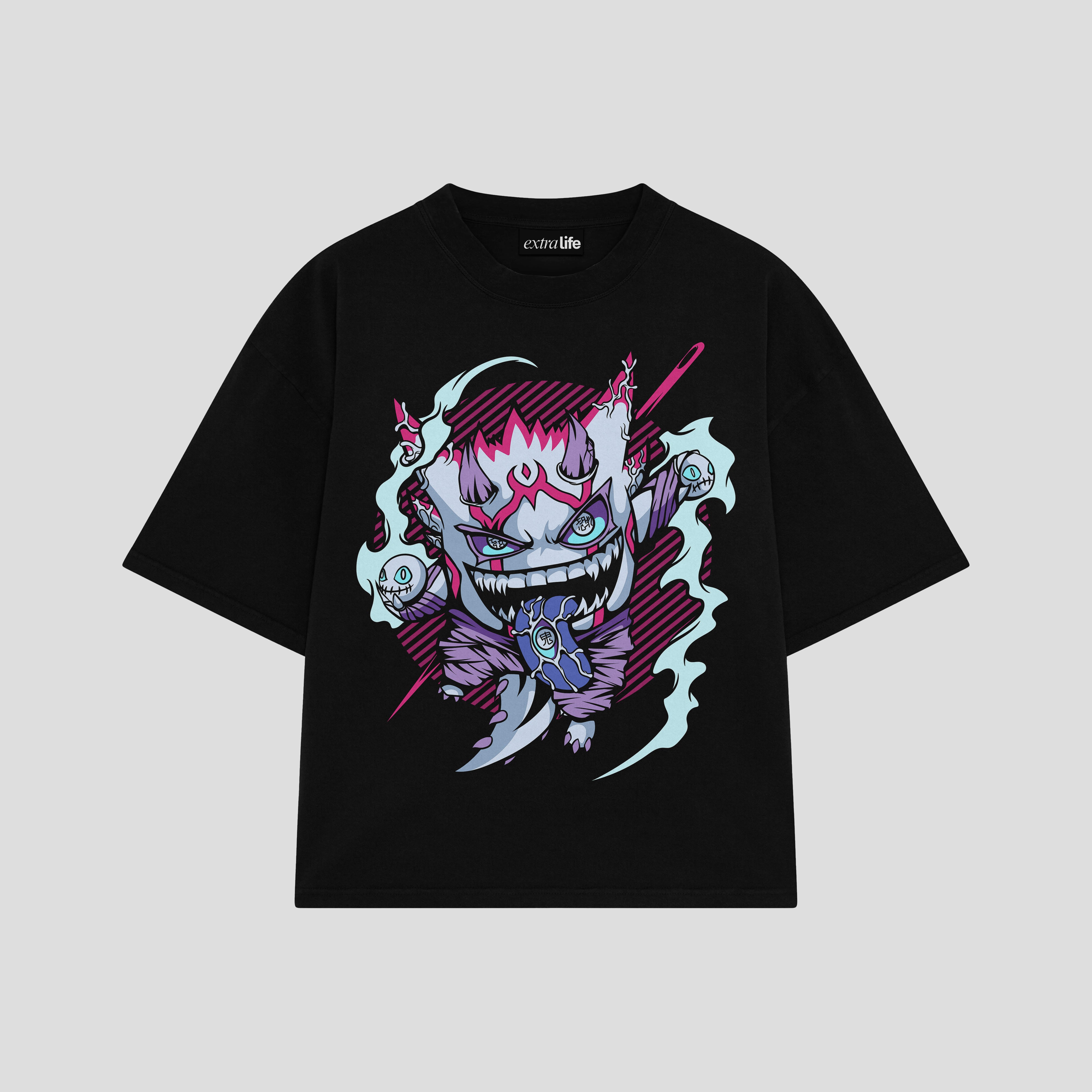 Playera streetwear premium de anime y gaming ExtraLife MX, corte boxy oversized drop shoulder heavyweight en color Deep Black y Off-White, moda urbana mexicana de culto.