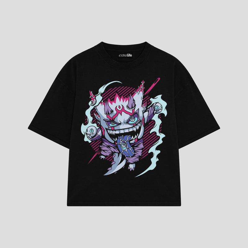 Playera streetwear premium de anime y gaming ExtraLife MX, corte boxy oversized drop shoulder heavyweight en color Deep Black y Off-White, moda urbana mexicana de culto.