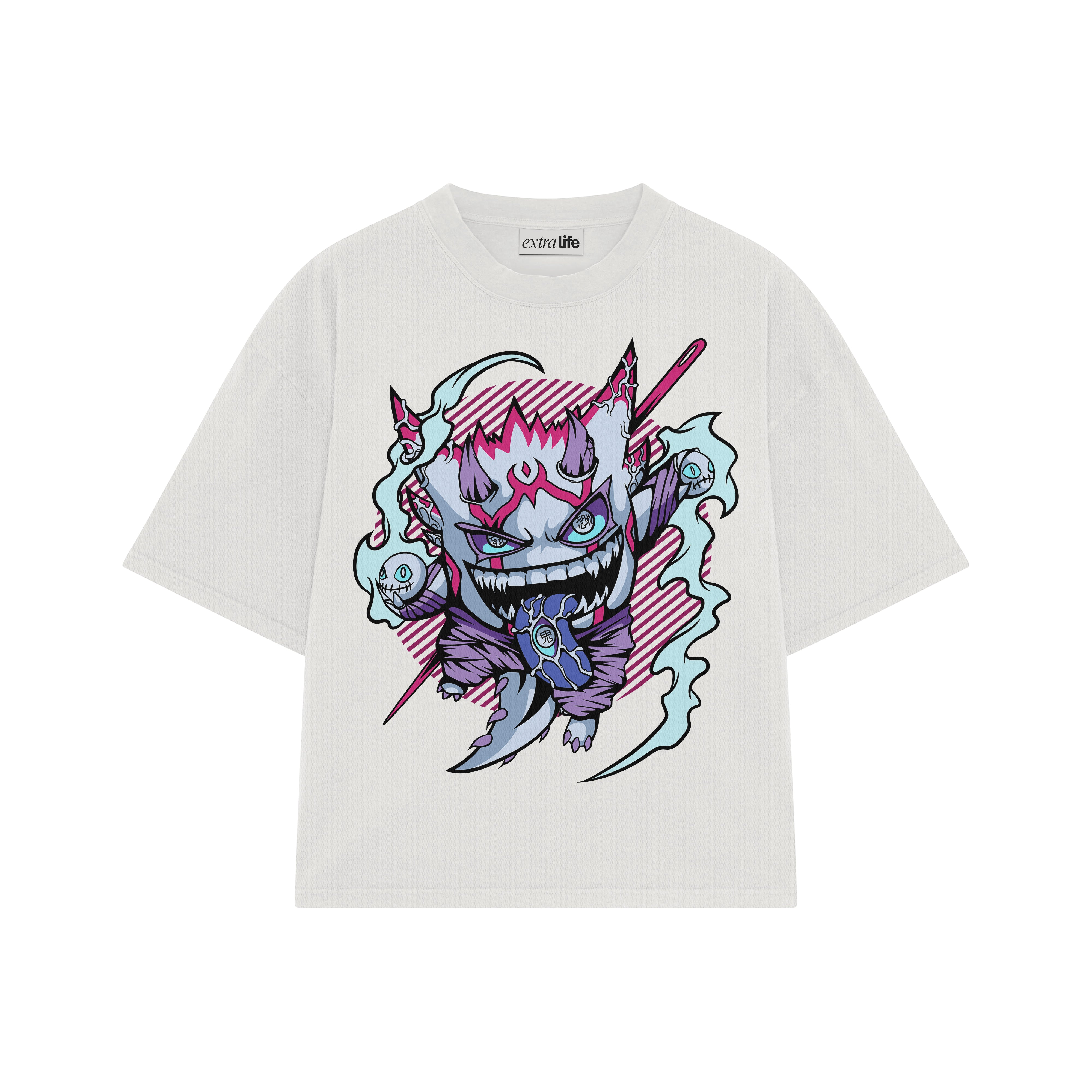 Playera streetwear premium de anime y gaming ExtraLife MX, corte boxy oversized drop shoulder heavyweight en color Deep Black y Off-White, moda urbana mexicana de culto.