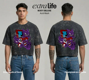 Playera streetwear premium de anime y gaming ExtraLife MX, corte boxy deluxe mineral wash heavyweight en color Acid Wash, moda urbana mexicana de culto.