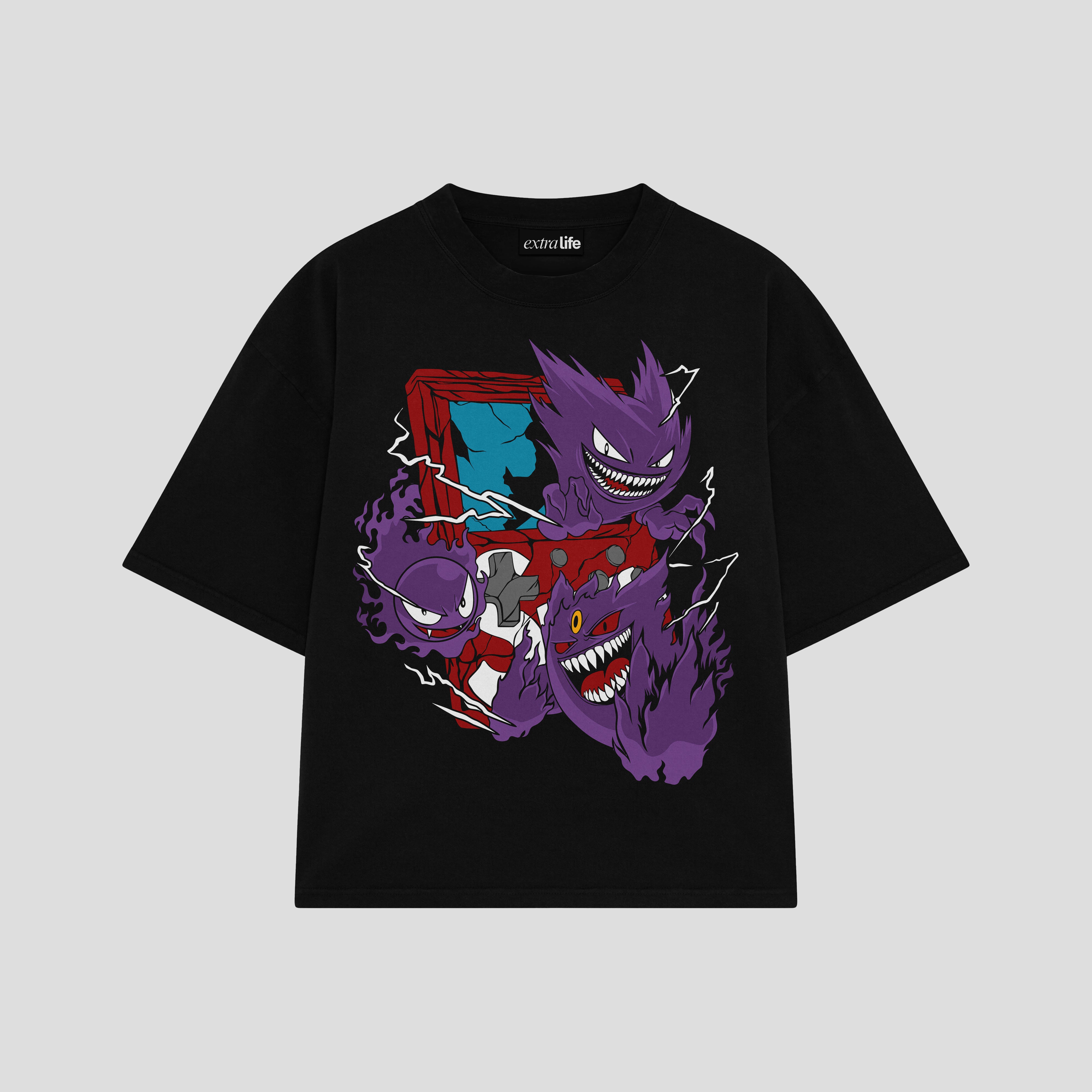 Playera streetwear premium de anime y gaming ExtraLife MX, corte boxy oversized drop shoulder heavyweight en color Deep Black y Off-White, moda urbana mexicana de culto.