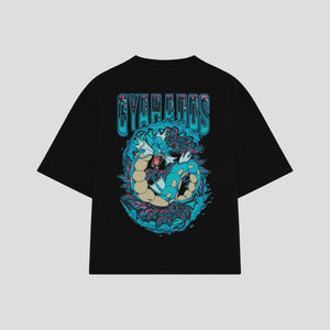 Playera streetwear premium de anime y gaming ExtraLife MX, corte boxy oversized drop shoulder heavyweight en color Deep Black y Off-White, moda urbana mexicana de culto.