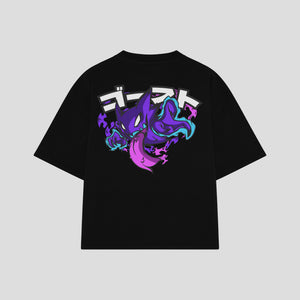 Playera streetwear premium de anime y gaming ExtraLife MX, corte boxy oversized drop shoulder heavyweight en color Deep Black y Off-White, moda urbana mexicana de culto.