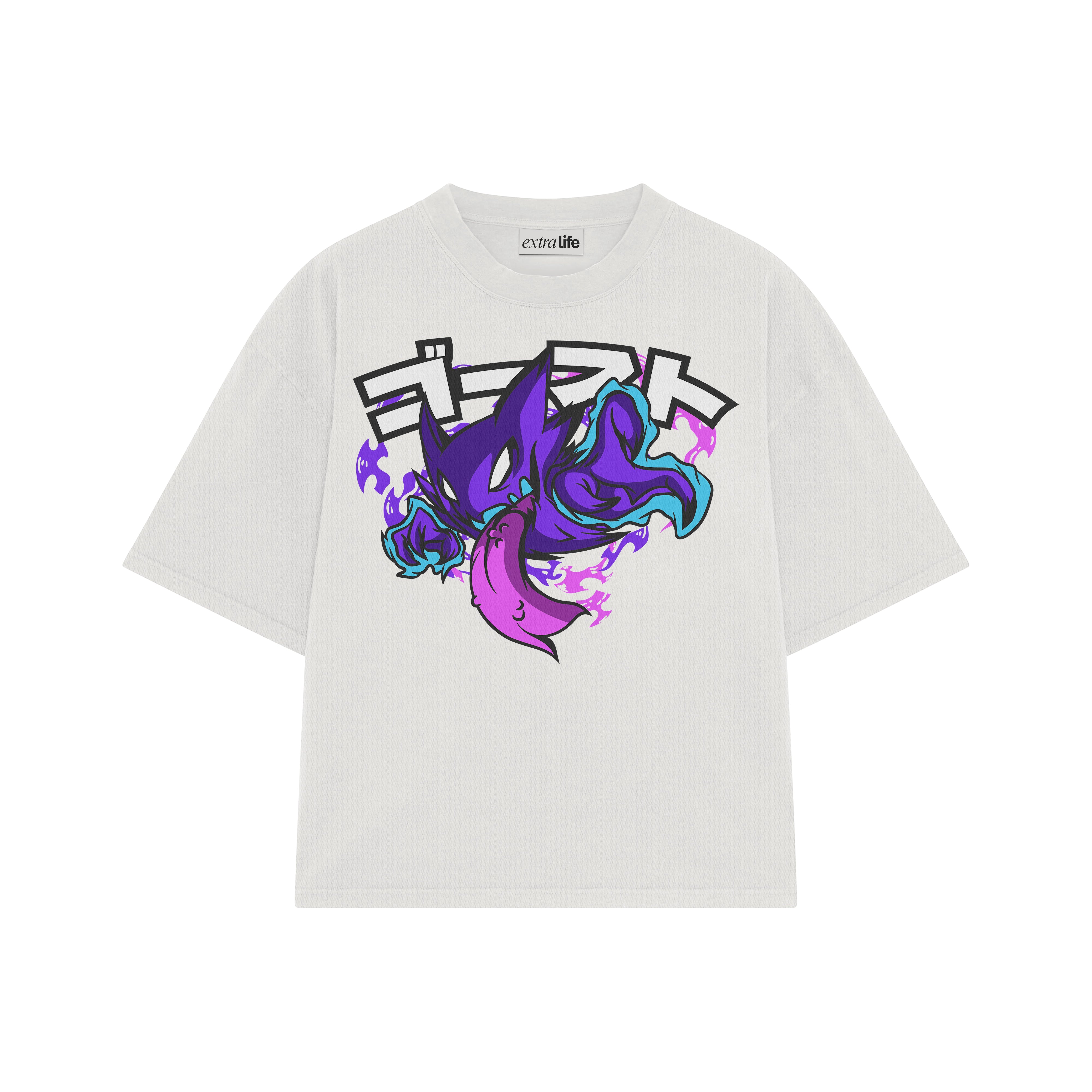 Playera streetwear premium de anime y gaming ExtraLife MX, corte boxy oversized drop shoulder heavyweight en color Deep Black y Off-White, moda urbana mexicana de culto.