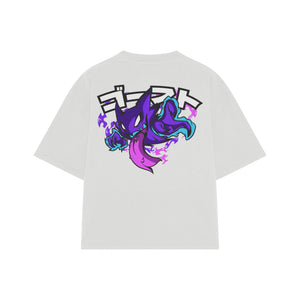 Playera streetwear premium de anime y gaming ExtraLife MX, corte boxy oversized drop shoulder heavyweight en color Deep Black y Off-White, moda urbana mexicana de culto.