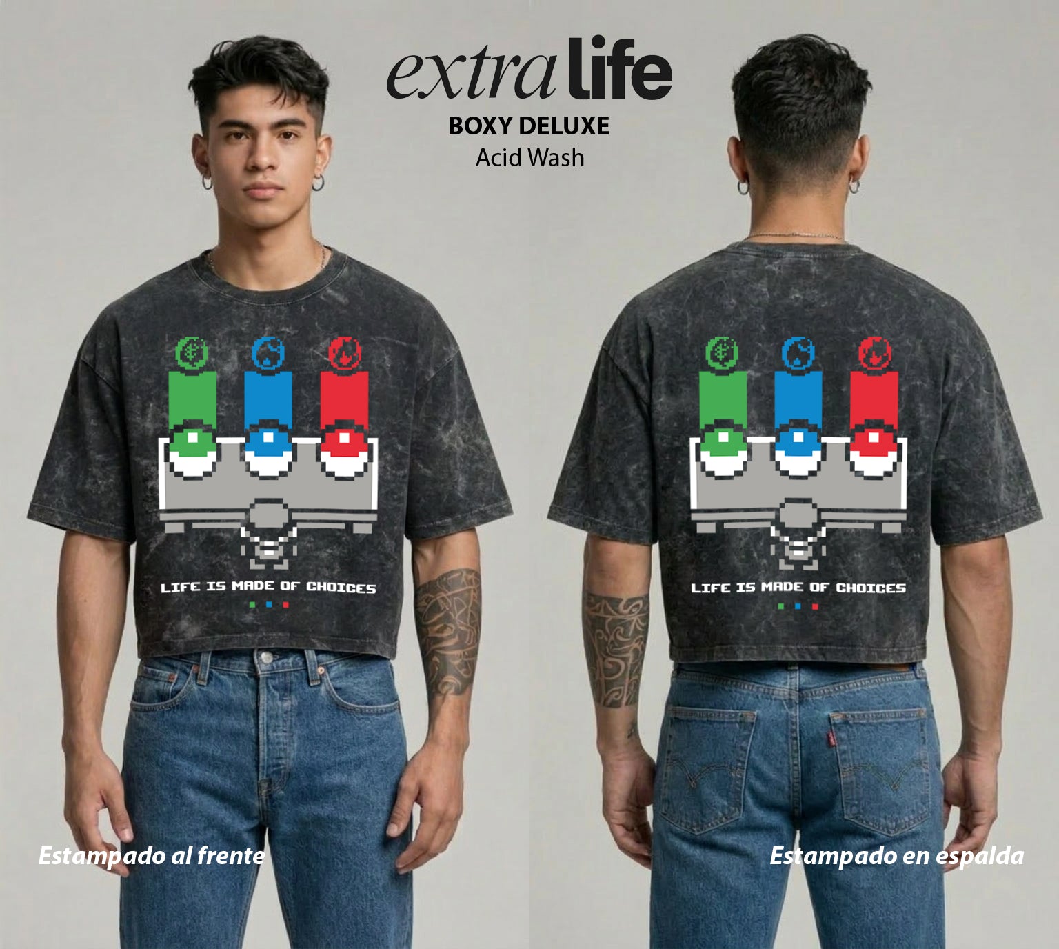 Playera streetwear premium de anime y gaming ExtraLife MX, corte boxy deluxe mineral wash heavyweight en color Acid Wash, moda urbana mexicana de culto.