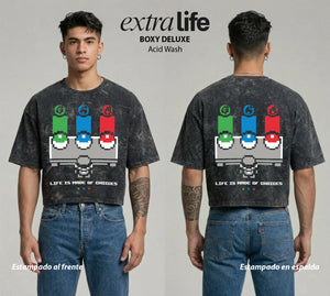 Playera streetwear premium de anime y gaming ExtraLife MX, corte boxy deluxe mineral wash heavyweight en color Acid Wash, moda urbana mexicana de culto.