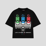Playera streetwear premium de anime y gaming ExtraLife MX, corte boxy oversized drop shoulder heavyweight en color Deep Black y Off-White, moda urbana mexicana de culto.
