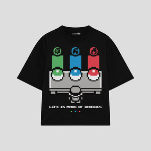 Playera streetwear premium de anime y gaming ExtraLife MX, corte boxy oversized drop shoulder heavyweight en color Deep Black y Off-White, moda urbana mexicana de culto.