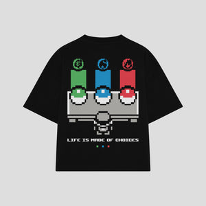 Playera streetwear premium de anime y gaming ExtraLife MX, corte boxy oversized drop shoulder heavyweight en color Deep Black y Off-White, moda urbana mexicana de culto.