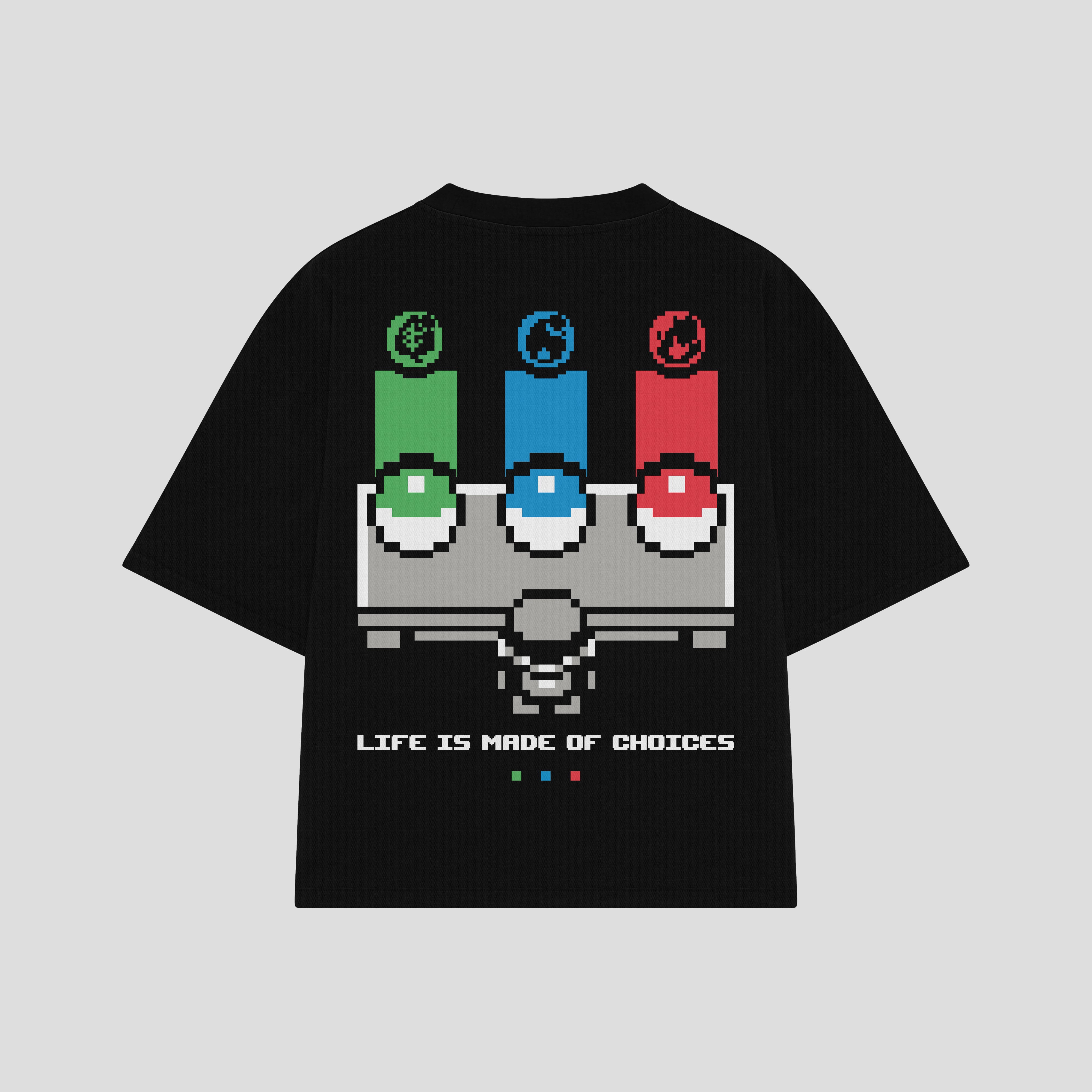 Playera streetwear premium de anime y gaming ExtraLife MX, corte boxy oversized drop shoulder heavyweight en color Deep Black y Off-White, moda urbana mexicana de culto.