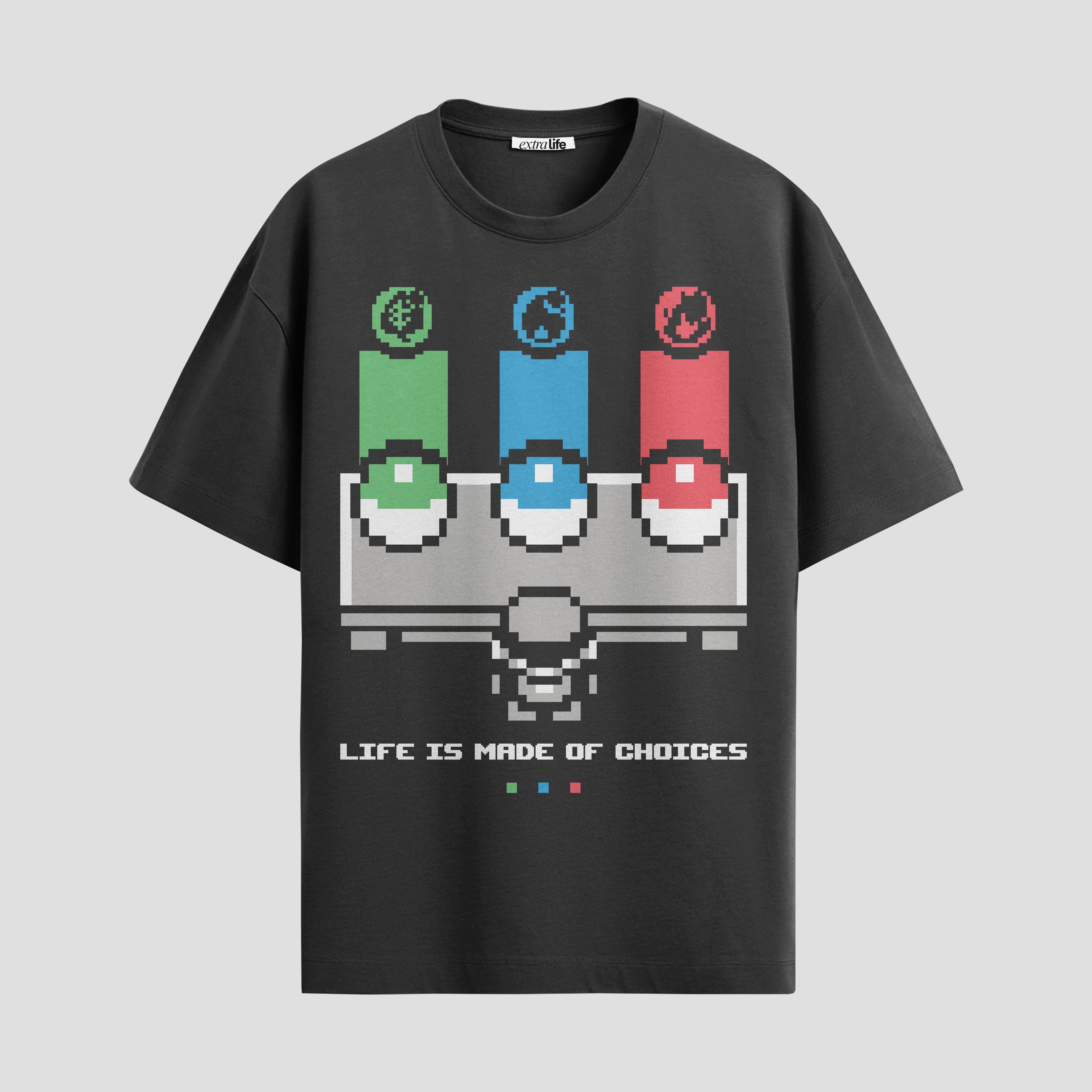 Playera urbana de anime y gaming ExtraLife MX, corte Standard Fit unisex ligero y transpirable en color Deep Black y Pure White, ropa de uso diario para gym y casual.
