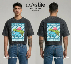Playera streetwear premium de anime y gaming ExtraLife MX, corte boxy deluxe mineral wash heavyweight en color Acid Wash, moda urbana mexicana de culto.