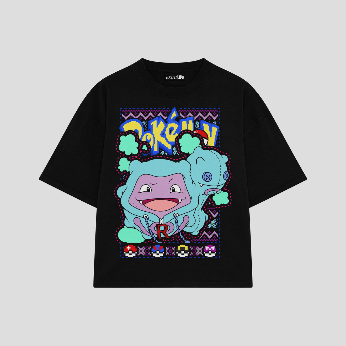 Playera streetwear premium de anime y gaming ExtraLife MX, corte oversized drop shoulder ligero y fresco en color Deep Black y Off-White, moda urbana mexicana de culto.