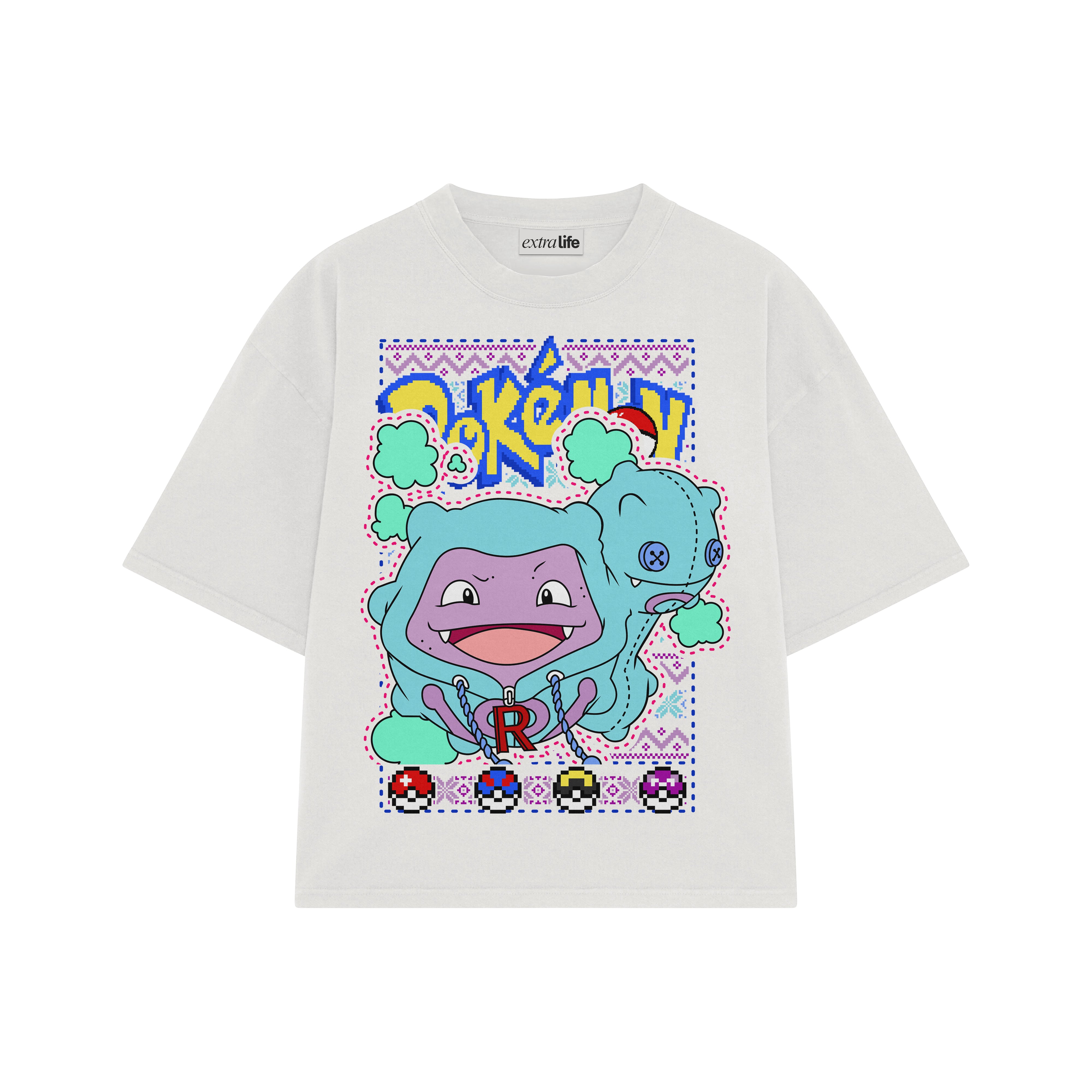 Playera streetwear premium de anime y gaming ExtraLife MX, corte boxy oversized drop shoulder heavyweight en color Deep Black y Off-White, moda urbana mexicana de culto.