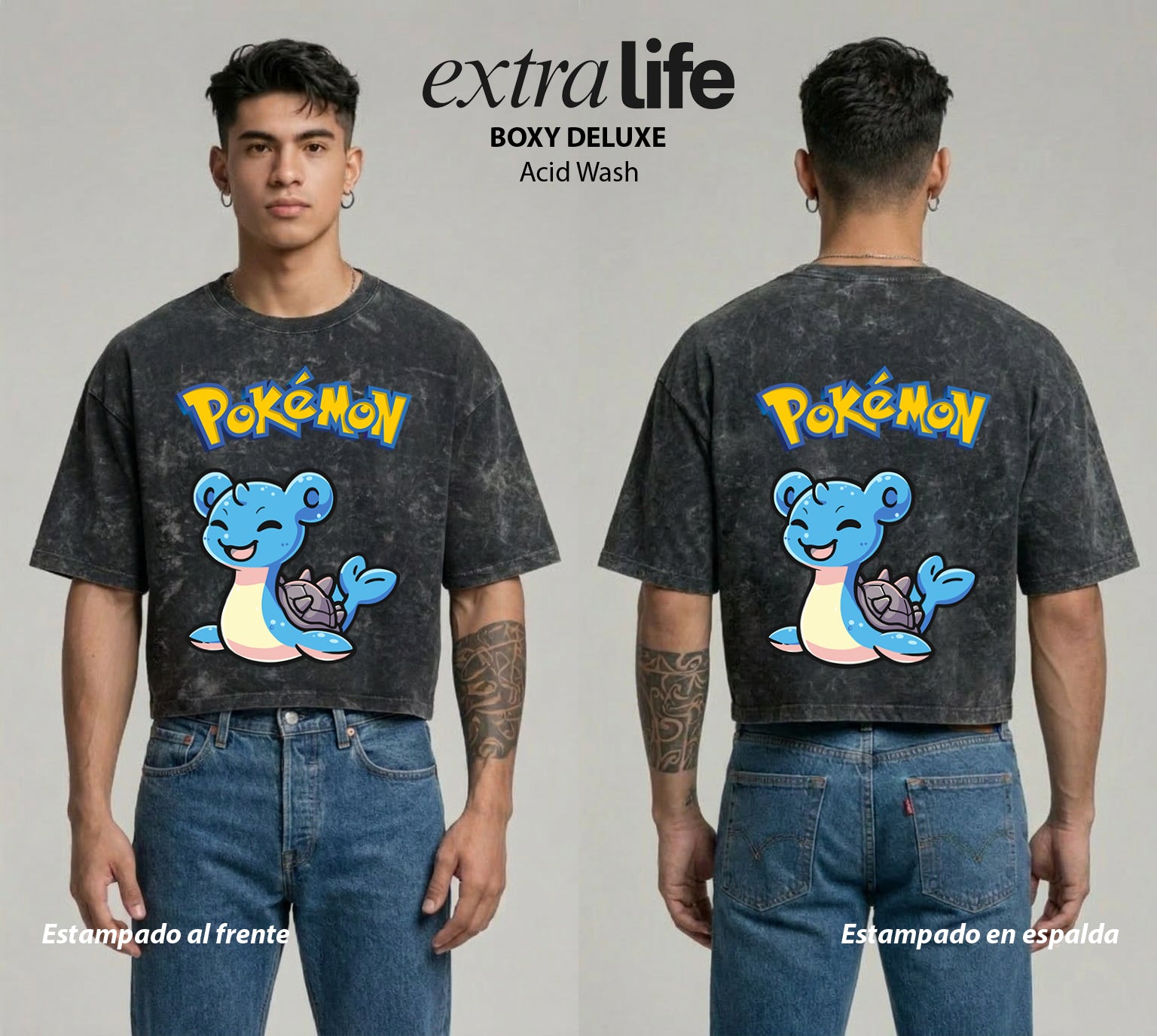 Playera streetwear premium de anime y gaming ExtraLife MX, corte boxy deluxe mineral wash heavyweight en color Acid Wash, moda urbana mexicana de culto.