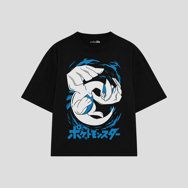 Playera streetwear premium de anime y gaming ExtraLife MX, corte boxy oversized drop shoulder heavyweight en color Deep Black y Off-White, moda urbana mexicana de culto.
