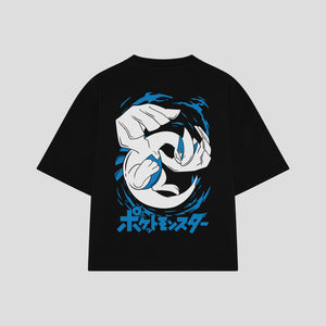Playera streetwear premium de anime y gaming ExtraLife MX, corte boxy oversized drop shoulder heavyweight en color Deep Black y Off-White, moda urbana mexicana de culto.