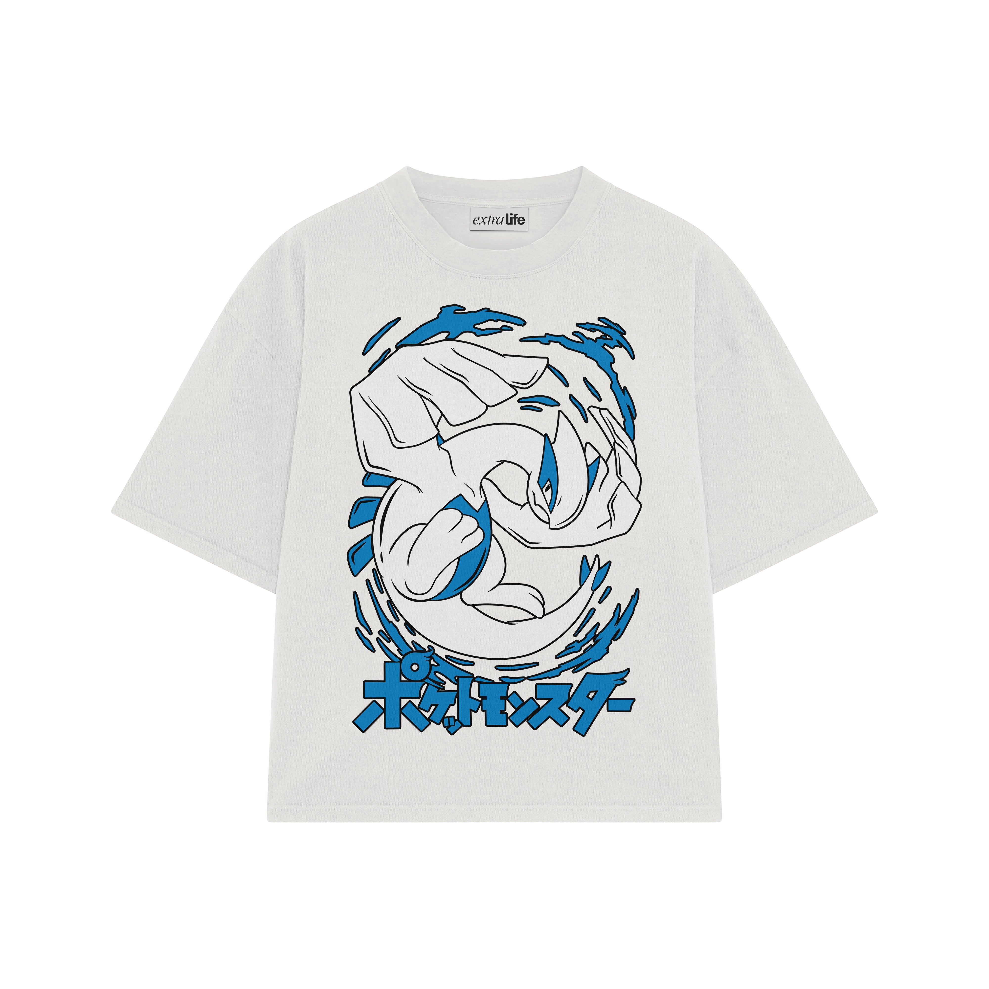Playera streetwear premium de anime y gaming ExtraLife MX, corte boxy oversized drop shoulder heavyweight en color Deep Black y Off-White, moda urbana mexicana de culto.