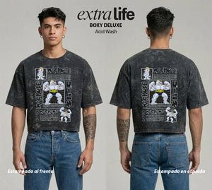 Playera streetwear premium de anime y gaming ExtraLife MX, corte boxy deluxe mineral wash heavyweight en color Acid Wash, moda urbana mexicana de culto.