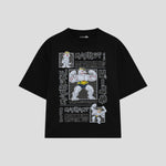 Playera streetwear premium de anime y gaming ExtraLife MX, corte boxy oversized drop shoulder heavyweight en color Deep Black y Off-White, moda urbana mexicana de culto.