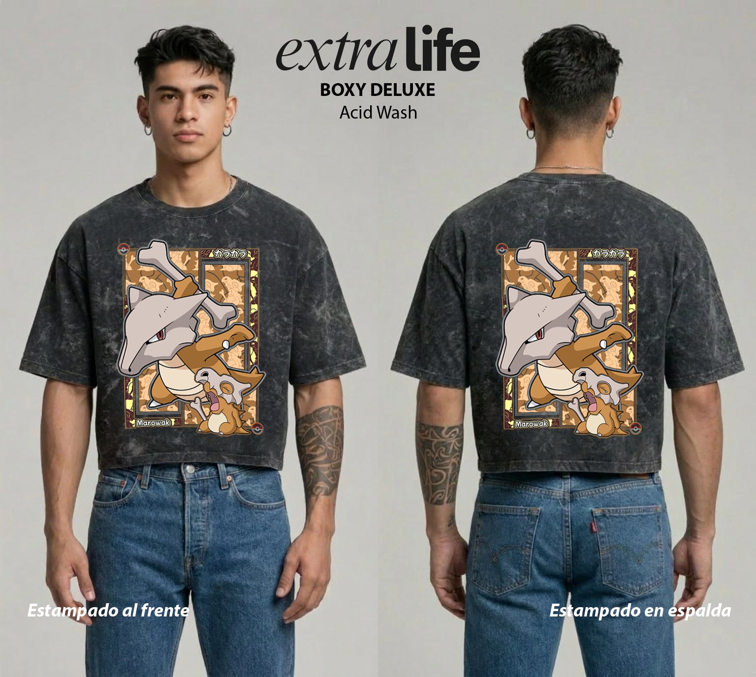 Playera streetwear premium de anime y gaming ExtraLife MX, corte boxy deluxe mineral wash heavyweight en color Acid Wash, moda urbana mexicana de culto.