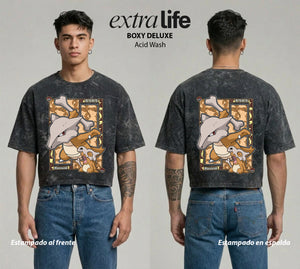 Playera streetwear premium de anime y gaming ExtraLife MX, corte boxy deluxe mineral wash heavyweight en color Acid Wash, moda urbana mexicana de culto.