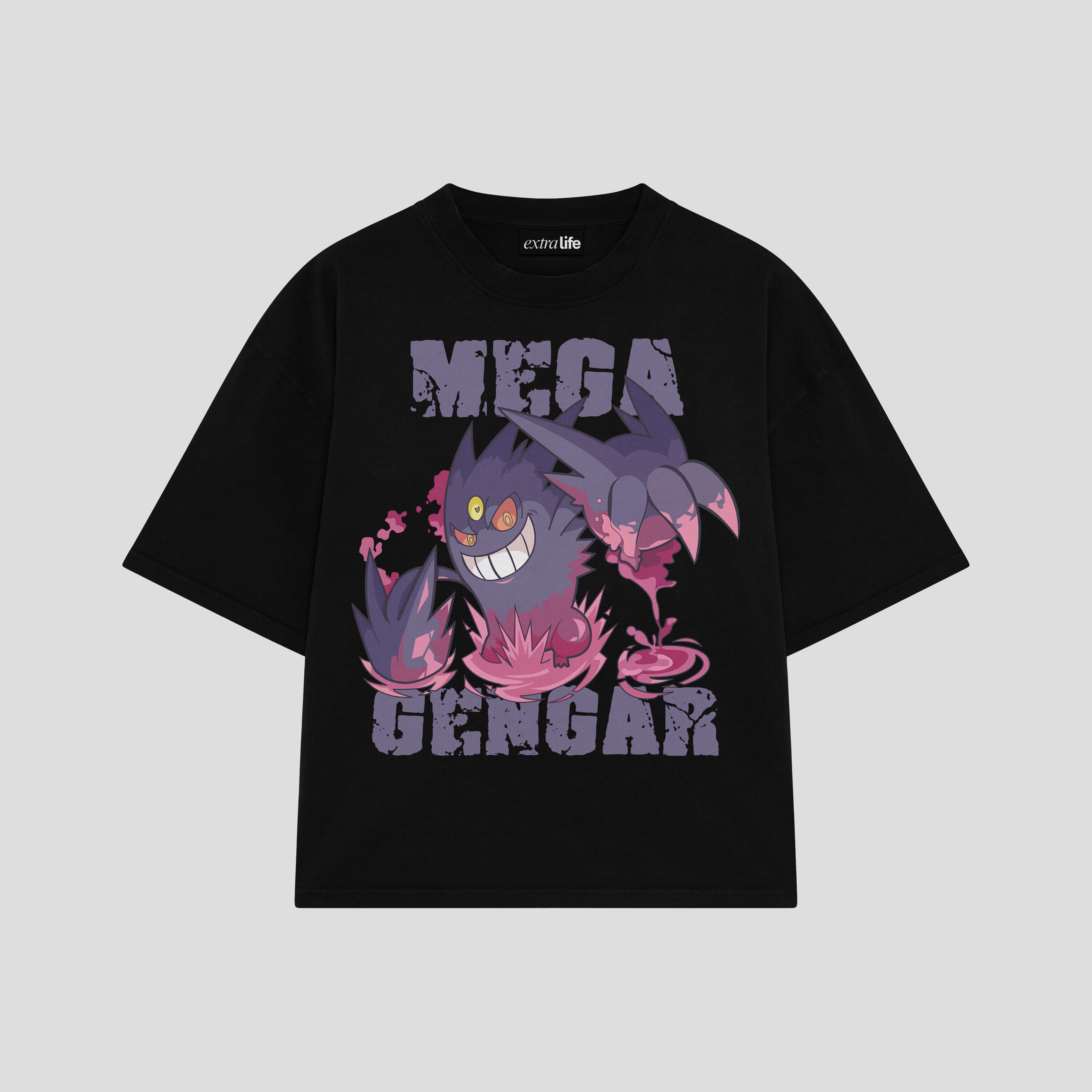 Playera streetwear premium de anime y gaming ExtraLife MX, corte boxy oversized drop shoulder heavyweight en color Deep Black y Off-White, moda urbana mexicana de culto.