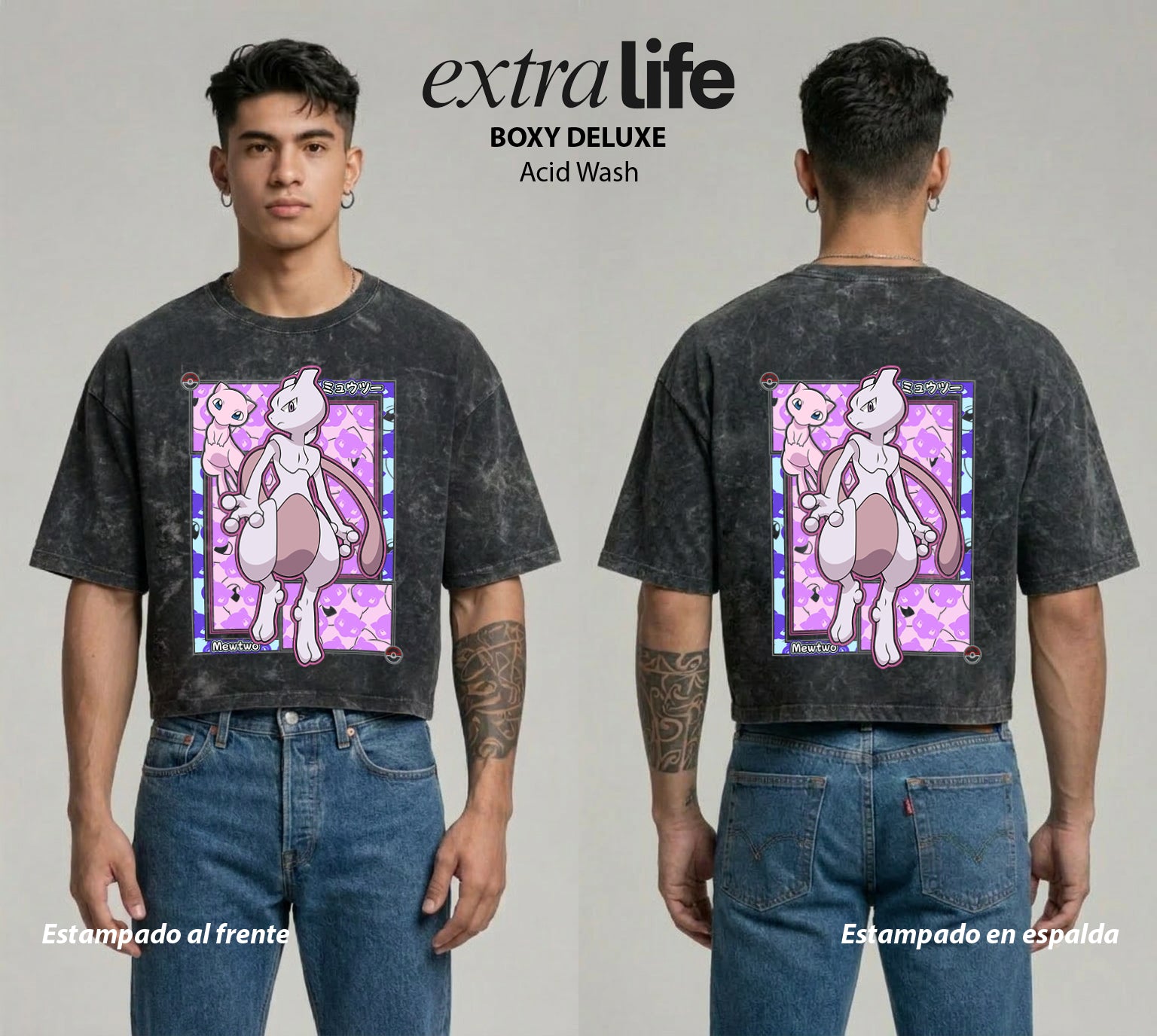 Playera streetwear premium de anime y gaming ExtraLife MX, corte boxy deluxe mineral wash heavyweight en color Acid Wash, moda urbana mexicana de culto.