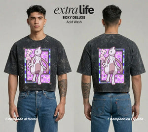 Playera streetwear premium de anime y gaming ExtraLife MX, corte boxy deluxe mineral wash heavyweight en color Acid Wash, moda urbana mexicana de culto.