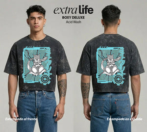 Playera streetwear premium de anime y gaming ExtraLife MX, corte boxy deluxe mineral wash heavyweight en color Acid Wash, moda urbana mexicana de culto.