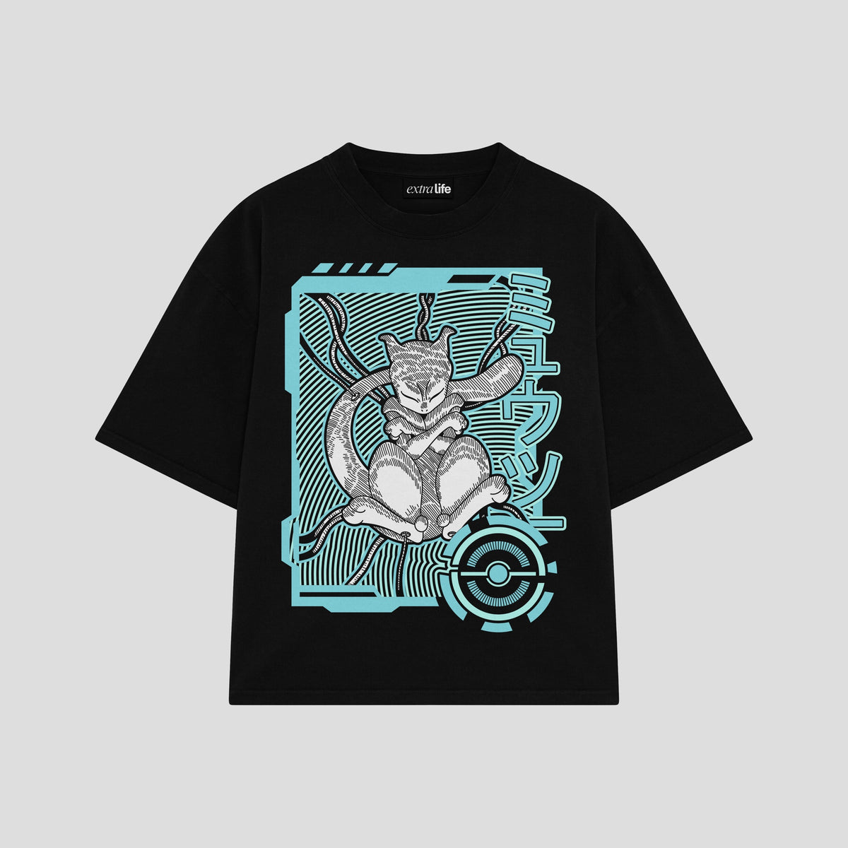 Playera streetwear premium de anime y gaming ExtraLife MX, corte oversized drop shoulder ligero y fresco en color Deep Black y Off-White, moda urbana mexicana de culto.