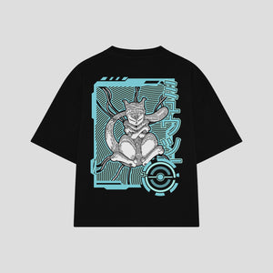 Playera streetwear premium de anime y gaming ExtraLife MX, corte boxy oversized drop shoulder heavyweight en color Deep Black y Off-White, moda urbana mexicana de culto.