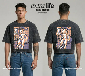 Playera streetwear premium de anime y gaming ExtraLife MX, corte boxy deluxe mineral wash heavyweight en color Acid Wash, moda urbana mexicana de culto.