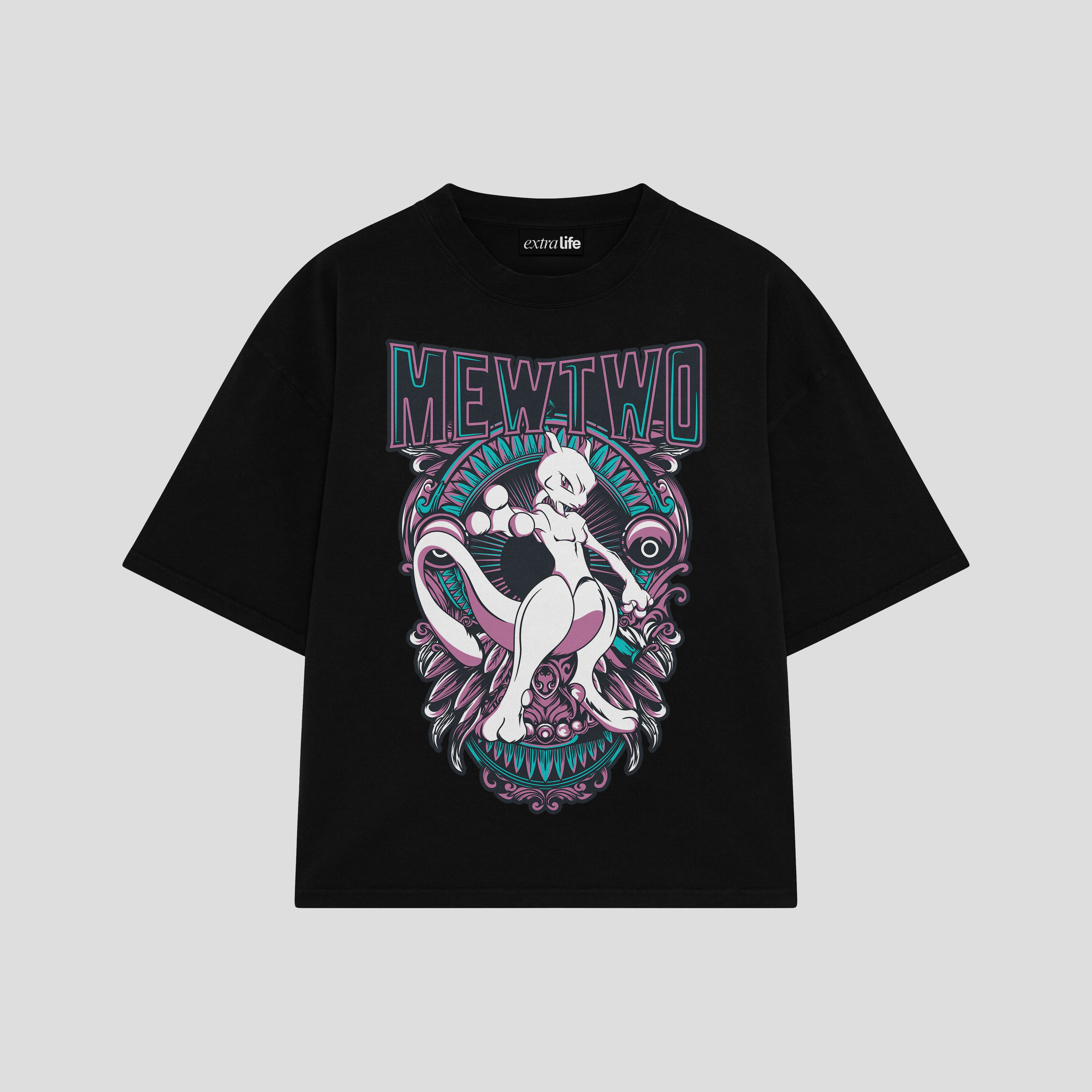 Playera streetwear premium de anime y gaming ExtraLife MX, corte boxy oversized drop shoulder heavyweight en color Deep Black y Off-White, moda urbana mexicana de culto.