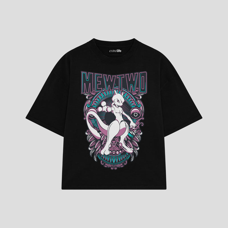 Playera streetwear premium de anime y gaming ExtraLife MX, corte boxy oversized drop shoulder heavyweight en color Deep Black y Off-White, moda urbana mexicana de culto.