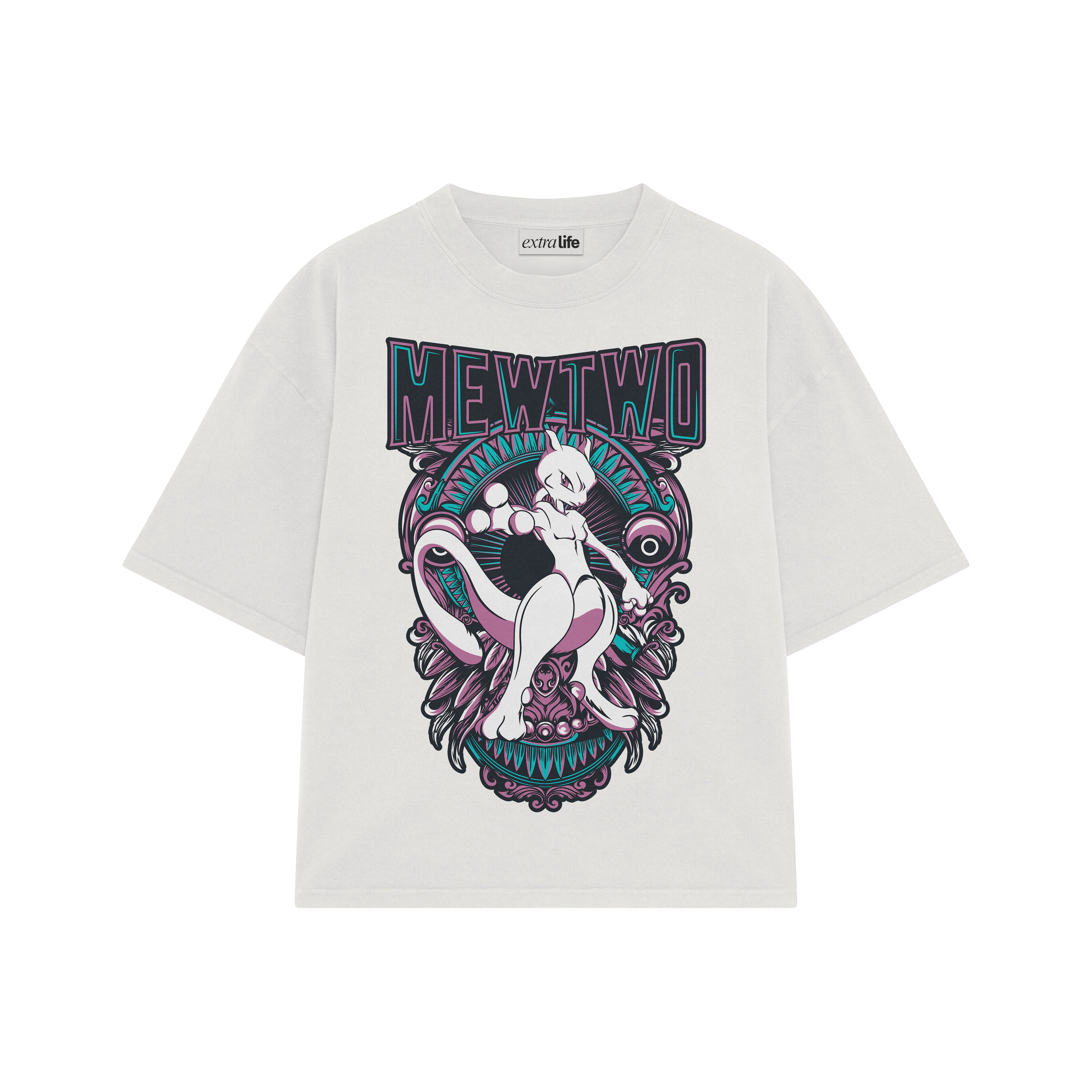 Playera streetwear premium de anime y gaming ExtraLife MX, corte boxy oversized drop shoulder heavyweight en color Deep Black y Off-White, moda urbana mexicana de culto.