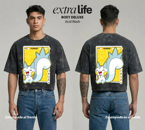 Playera streetwear premium de anime y gaming ExtraLife MX, corte boxy deluxe mineral wash heavyweight en color Acid Wash, moda urbana mexicana de culto.