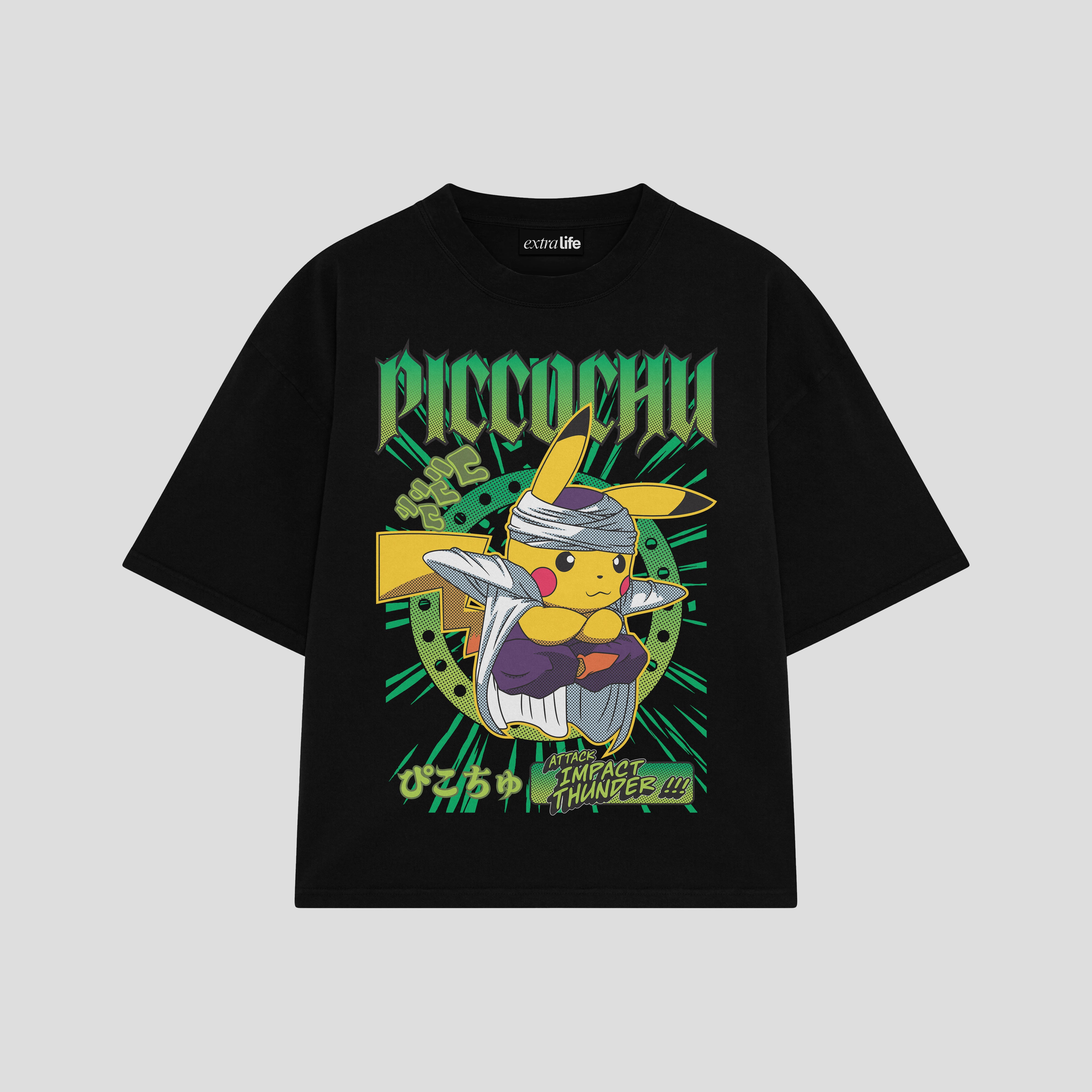 Playera streetwear premium de anime y gaming ExtraLife MX, corte boxy oversized drop shoulder heavyweight en color Deep Black y Off-White, moda urbana mexicana de culto.
