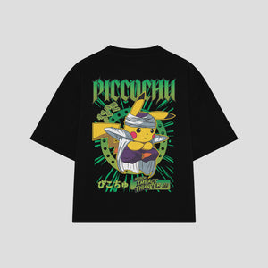 Playera streetwear premium de anime y gaming ExtraLife MX, corte boxy oversized drop shoulder heavyweight en color Deep Black y Off-White, moda urbana mexicana de culto.