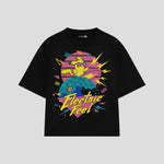 Playera streetwear premium de anime y gaming ExtraLife MX, corte boxy oversized drop shoulder heavyweight en color Deep Black y Off-White, moda urbana mexicana de culto.