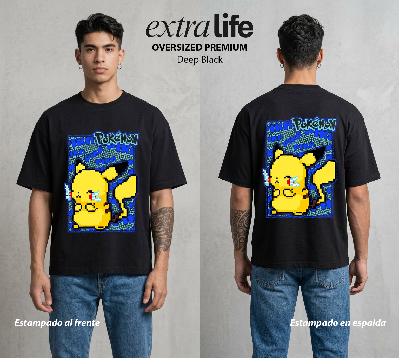 El Mundo Entrenador | El Rayo de Kanto en Pixel #03538 - Playera Oversized Premium | Deep Black - Foto en modelo