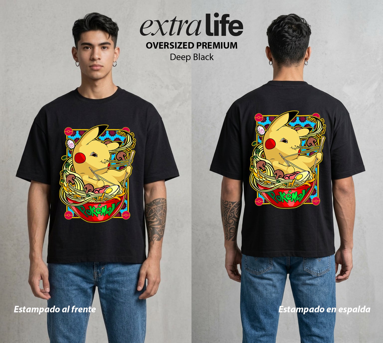 El Mundo Entrenador | El Rayo de Kanto con Ramen #03539 - Playera Oversized Premium | Deep Black - Foto en modelo