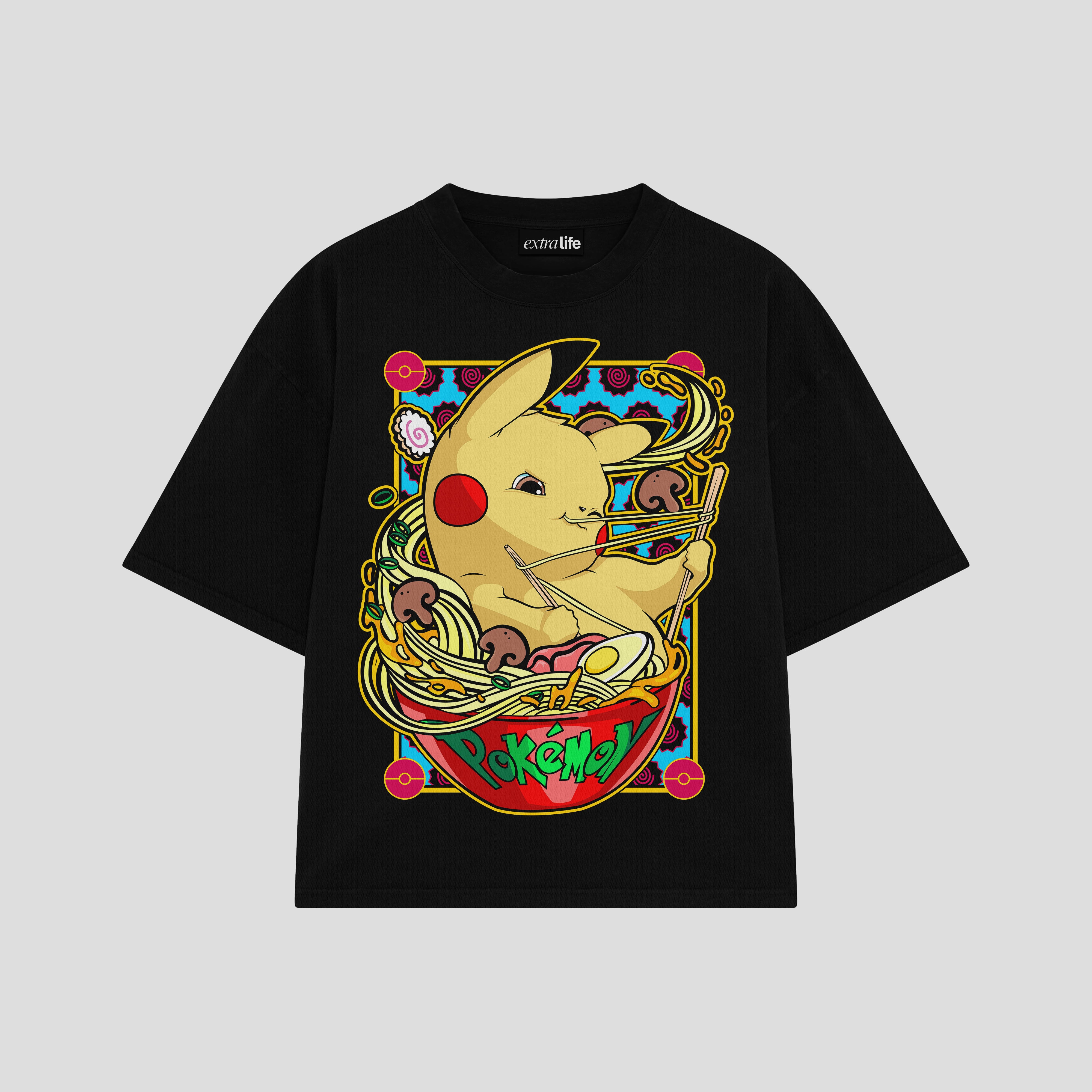 Playera streetwear premium de anime y gaming ExtraLife MX, corte boxy oversized drop shoulder heavyweight en color Deep Black y Off-White, moda urbana mexicana de culto.