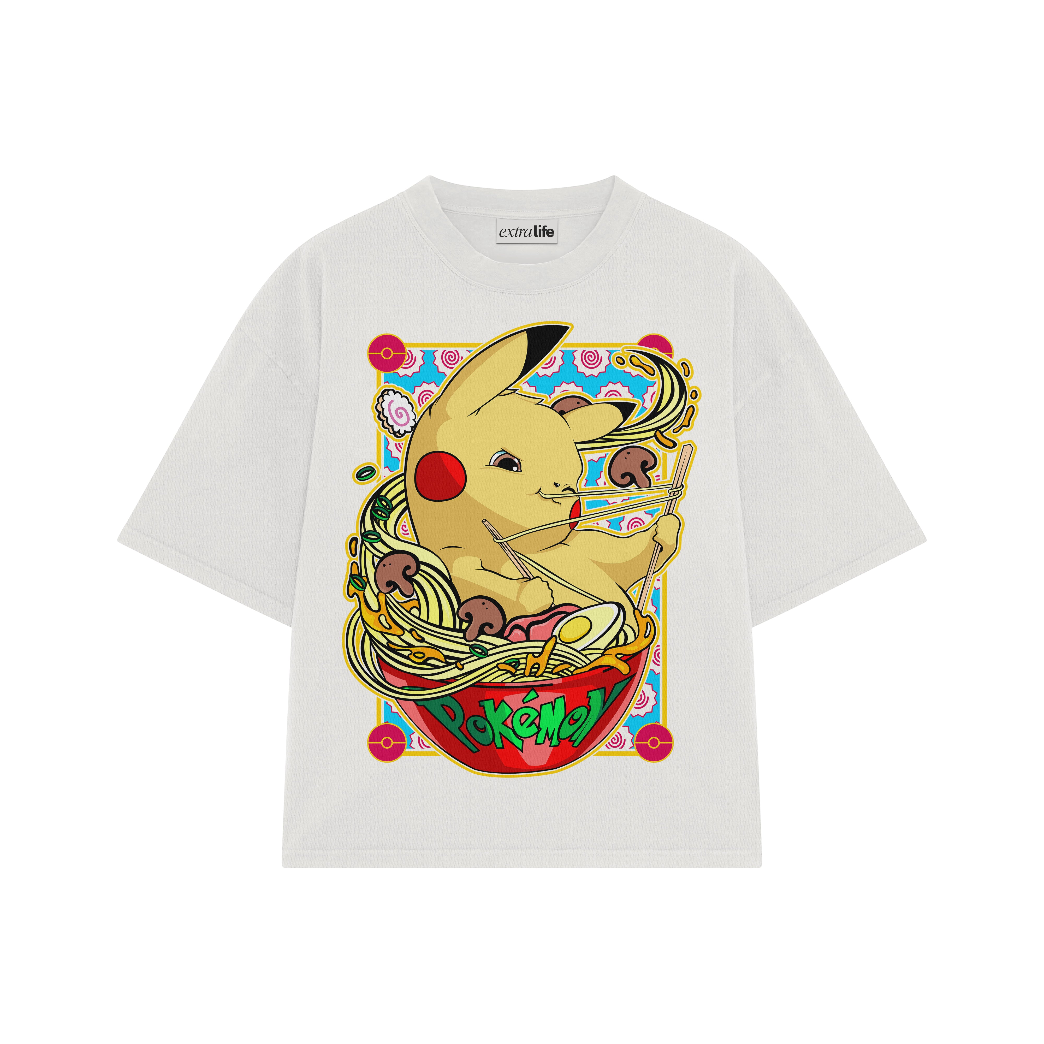 Playera streetwear premium de anime y gaming ExtraLife MX, corte boxy oversized drop shoulder heavyweight en color Deep Black y Off-White, moda urbana mexicana de culto.
