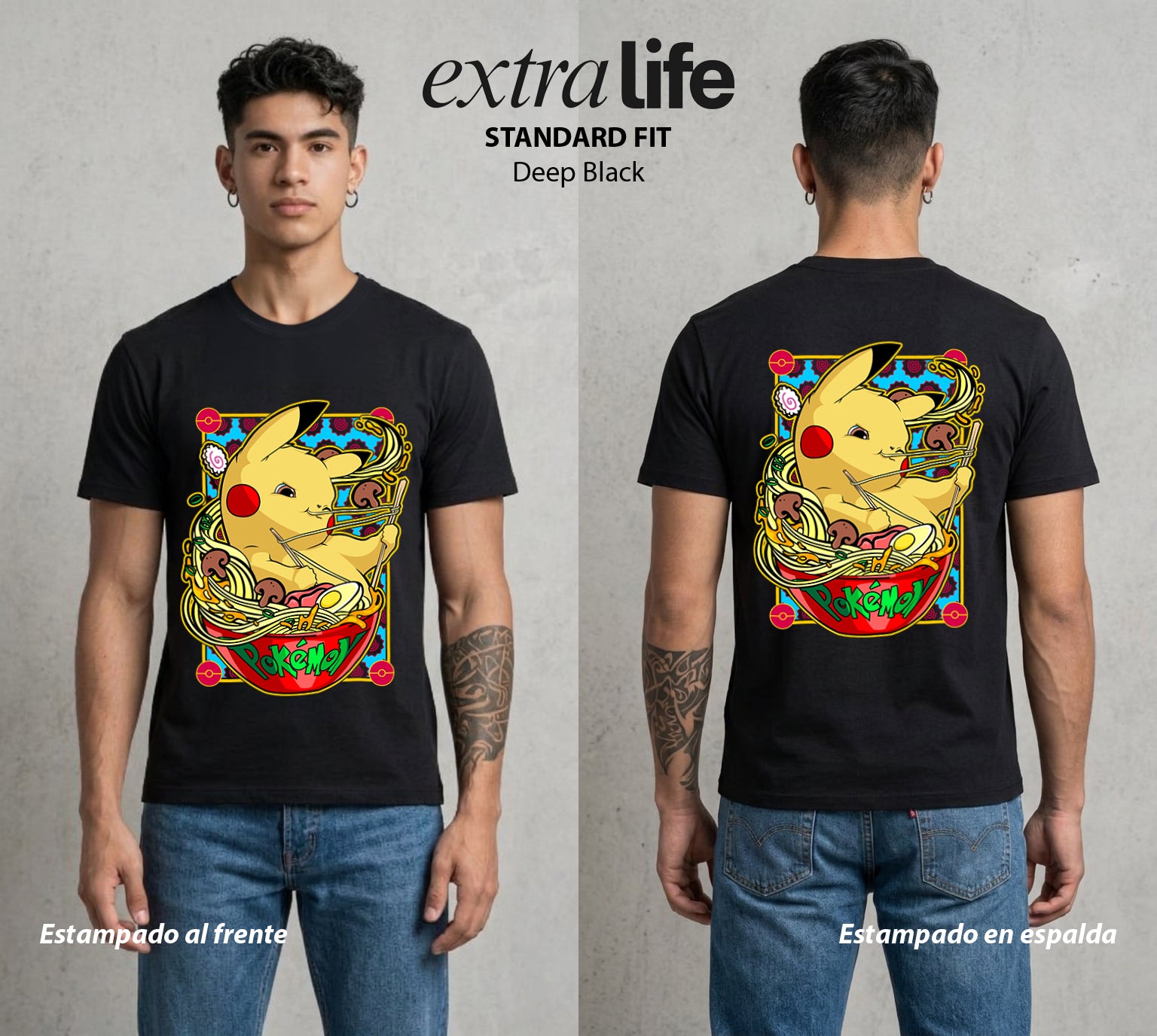 El Mundo Entrenador | El Rayo de Kanto con Ramen #03539 - Playera Standard Fit | Deep Black - Foto en modelo